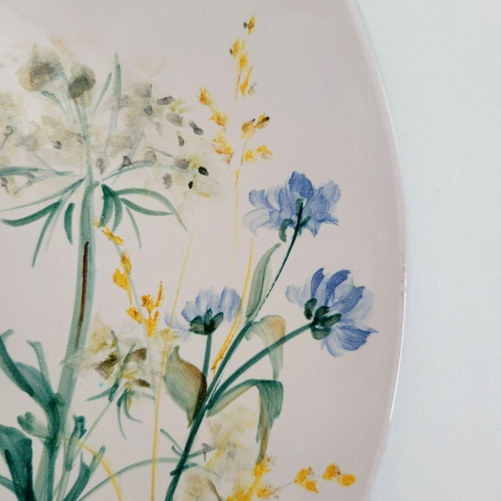 Floral Artisan Pottery Low Bowl, 11.50" Round Wall Floral Decor, Hand Painted Wi - Picture 3 of 10